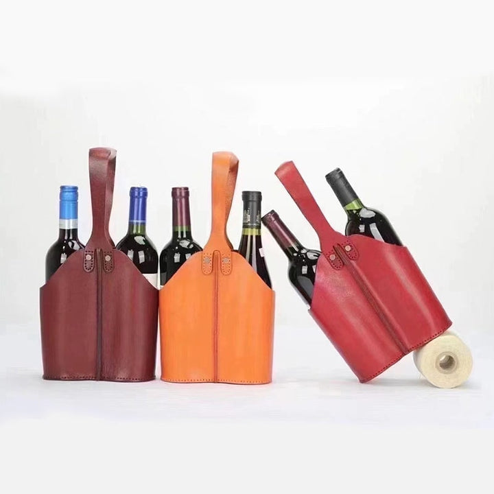 Handcrafted leather wine carrier bag for 2 bottles in dark brown, orange and red