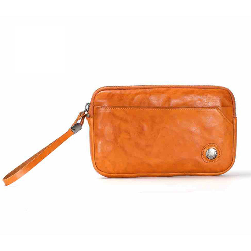 Vegetable tanned leather wristlet clutch bag in yellow