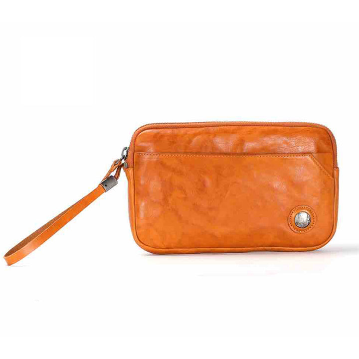 Vegetable tanned leather wristlet clutch bag in yellow