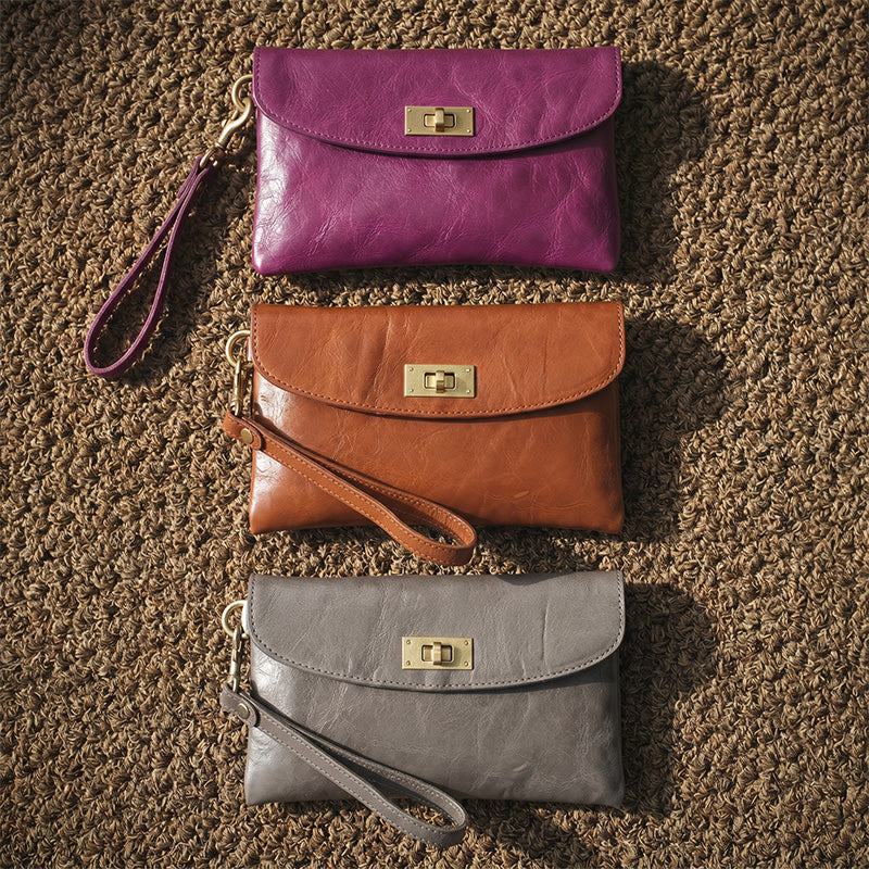 Leather wristlet clutch bag in brown, gray and purple — vegetable-tanned envelope purse for women