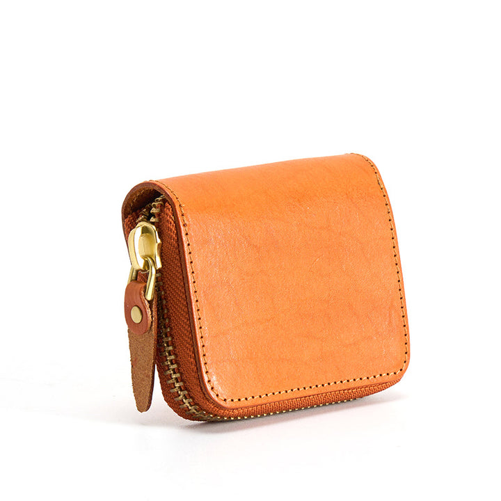Yellow vegetable tanned leather zip around card holder wallet with gold zipper
