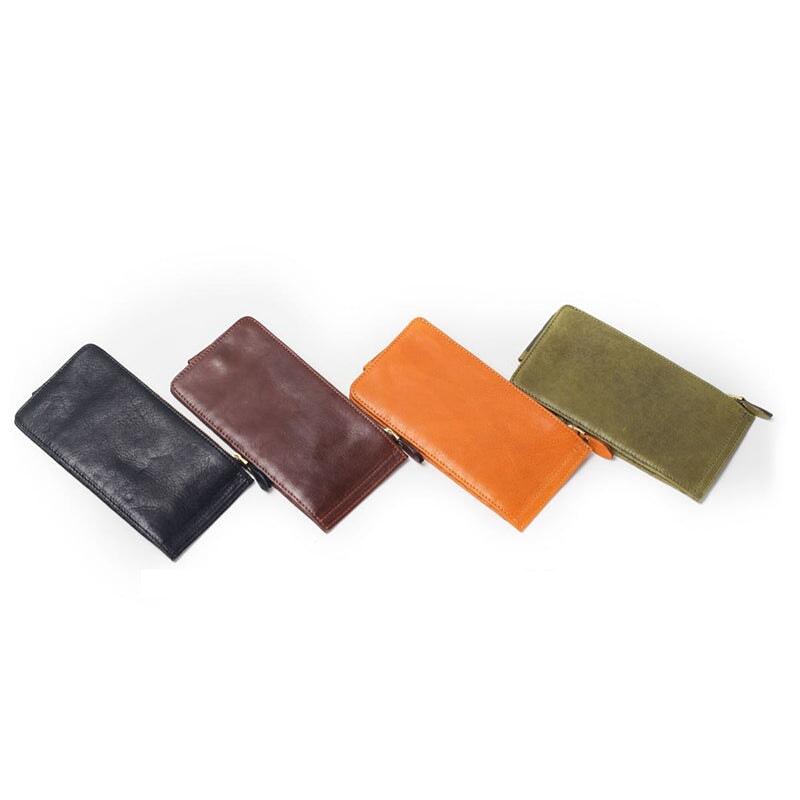Vegetable tanned leather long zip wallet with YKK brass zipper, slim card organizer design