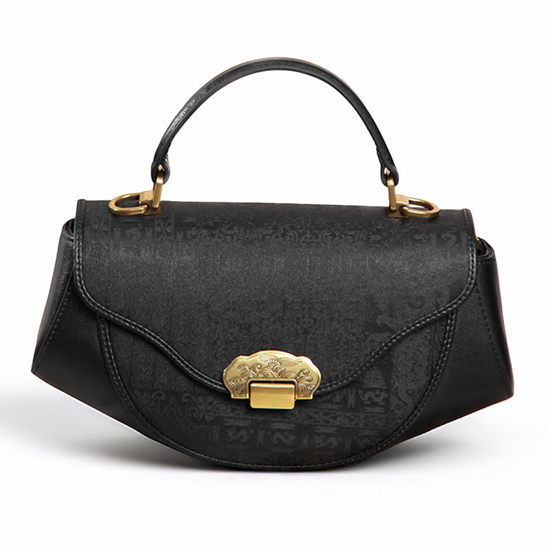 Mini Black Mulberry Silk and Cowhide Leather Bag with Cloud and Mythical Beast Motifs