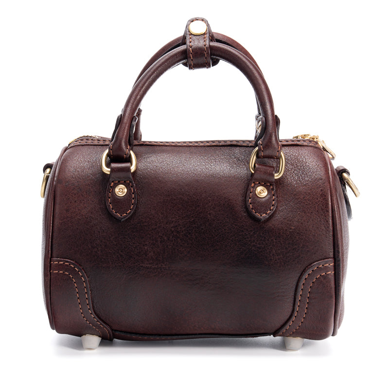 Coffee vegetable tanned leather mini Boston bag with gold zipper and twin top handles, front view
