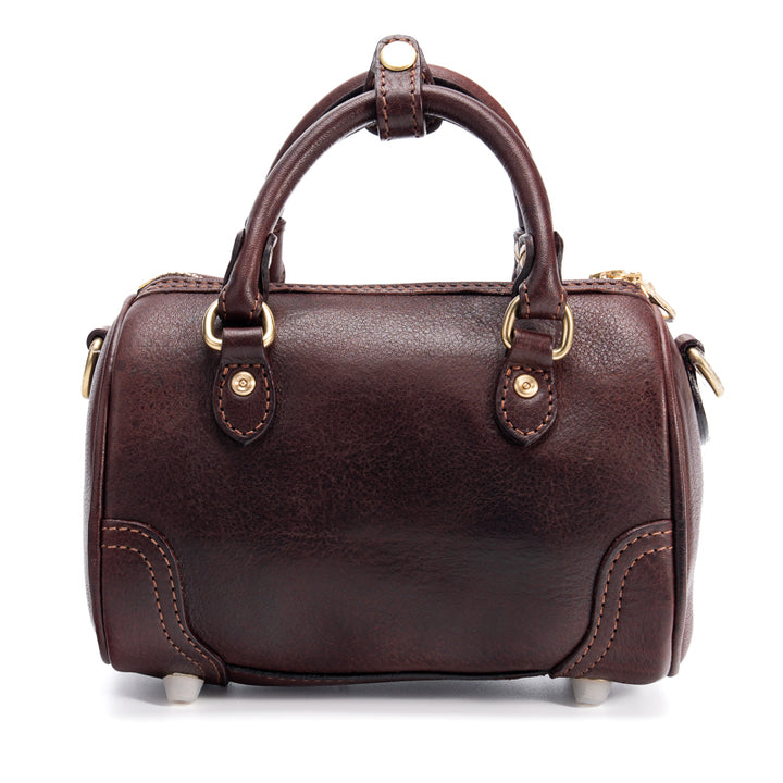 Coffee vegetable tanned leather mini Boston bag with gold zipper and twin top handles, front view