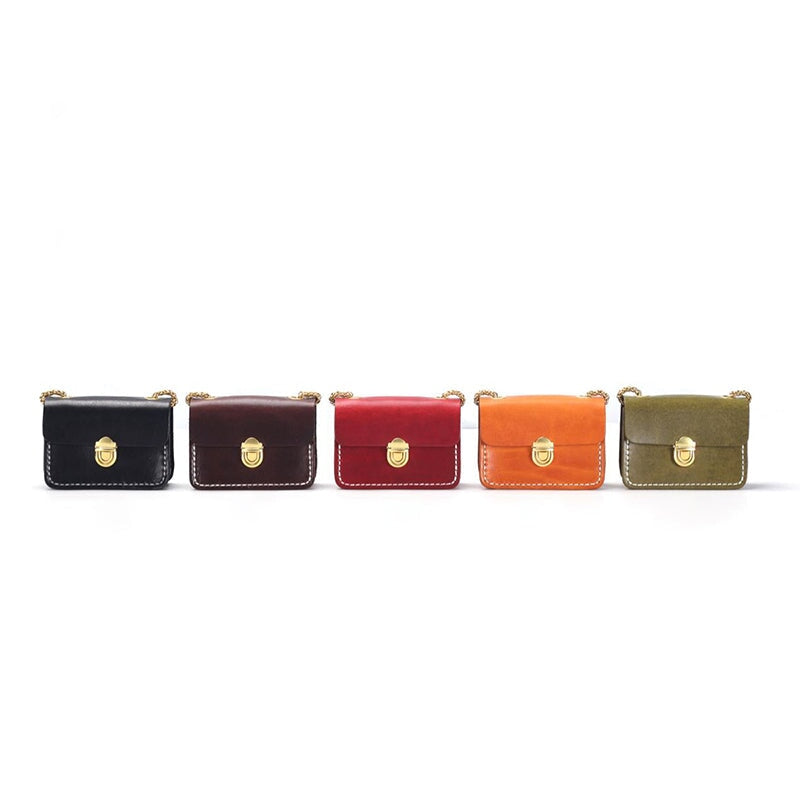 Mini leather flap bag in 5 colors with gold push-lock closure and chain strap