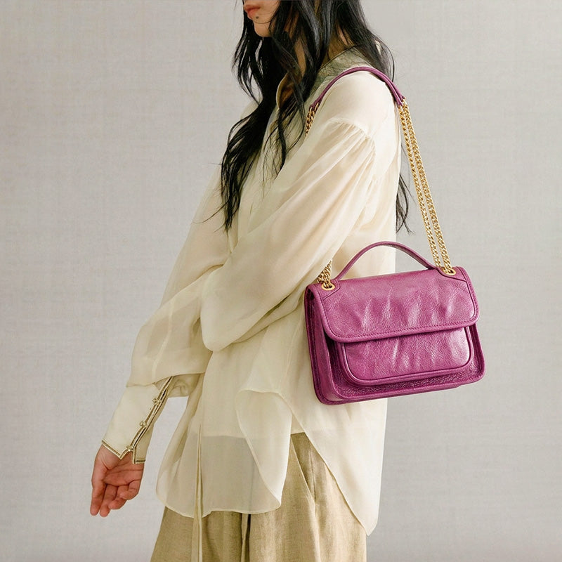 Mini vegetable-tanned leather flap underarm bag with chain strap for women