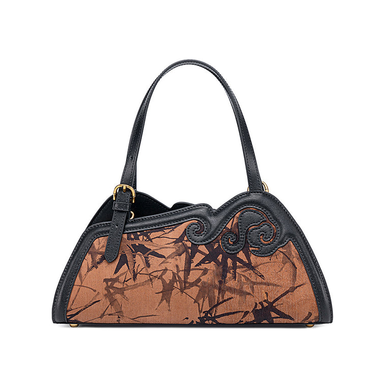 Black and Coffee Mulberry Silk Handbag with Ink Style Bamboo Pattern