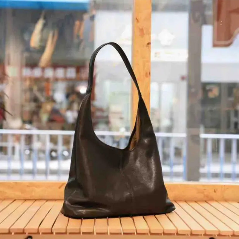 Oversized vegetable tanned leather hobo bag with magnetic closure, large slouchy shoulder bag in black