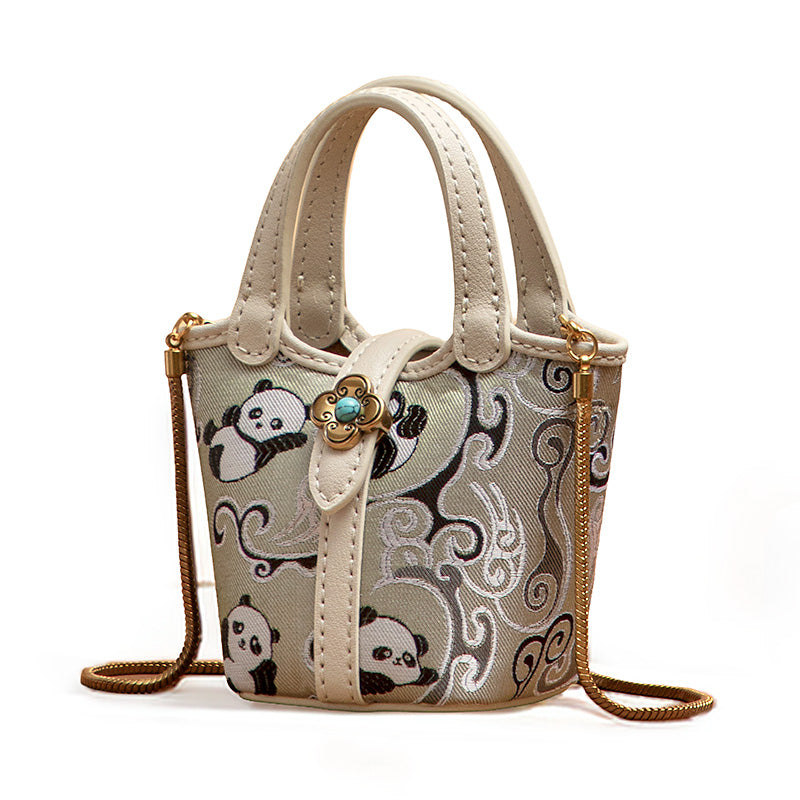 Gray panda mini tote bag in Shu brocade silk with gold chain strap and Ruyi clasp
