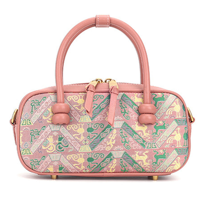 Pink and gray leather Barrel bag with Shu Brocade Pu Tian Tong Qing pattern