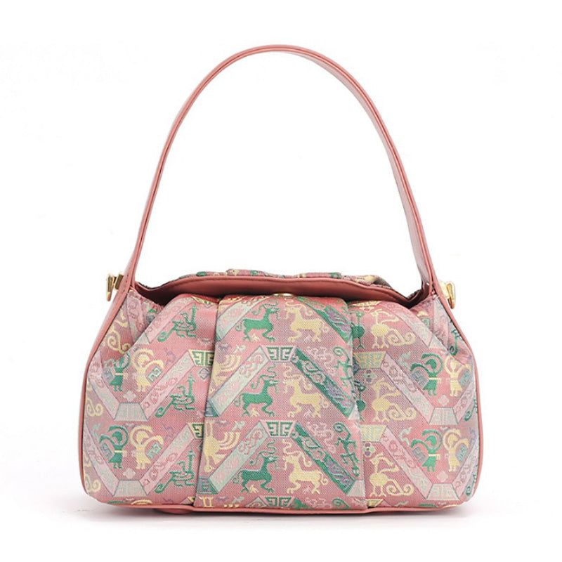 Pink and green silk brocade underarm shoulder bag with Chinese traditional motif