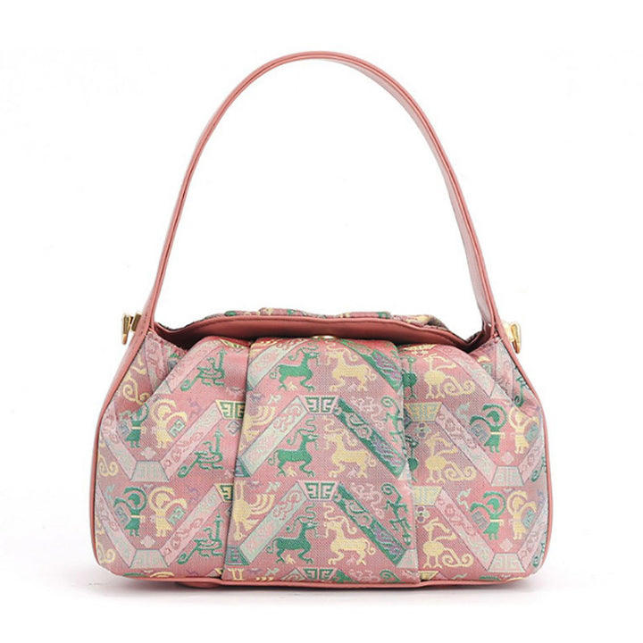Pink and green silk brocade underarm shoulder bag with Chinese traditional motif