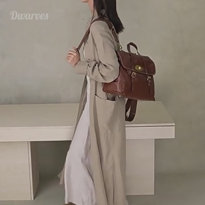 Vintage Vegetable Tanned Leather Backpack for Women Flap Lock Convertible Work Bag