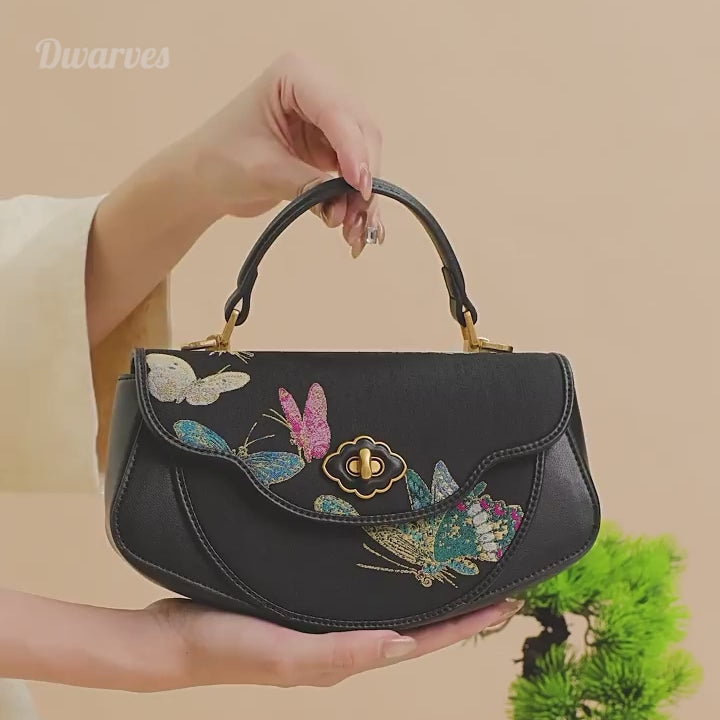 Butterfly Saddle Bag Black Cowhide Leather &amp; Song Brocade Silk Shell Inlay Detail