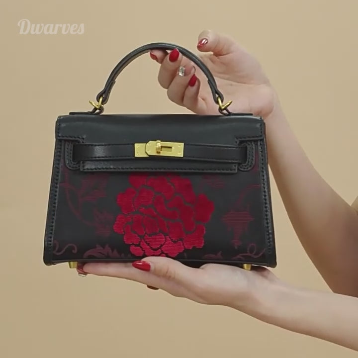 Red Peony Crossbody Bag Black Leather &amp; Zhang Velvet Chinese Floral Handbag
