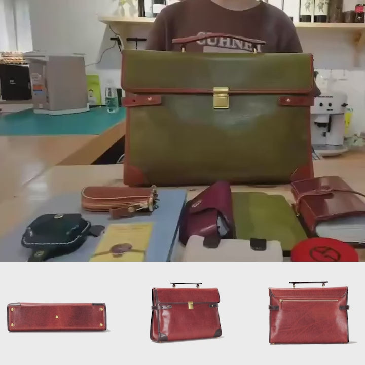 Vegetable Tanned Leather Briefcase for Women Men Vintage 14 Inch Laptop Work Bag