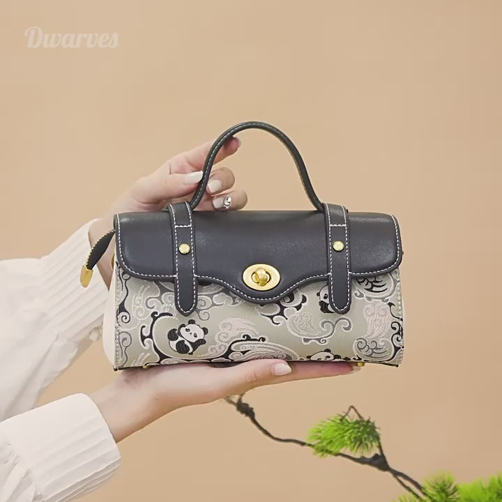 Panda Satchel Bag Black Cowhide Leather &amp; Shu Brocade Silk Turn-Lock Closure