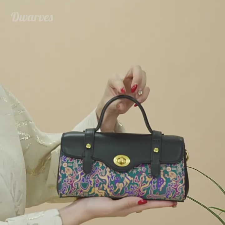 Five Stars Satchel Bag Black Leather &amp; Shu Brocade Silk Han Dynasty Motif