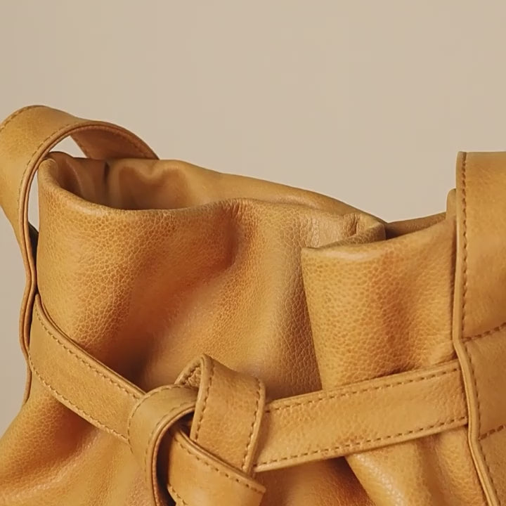 Soft Top-Grain Leather Bucket Bag with Knot Belt Drawstring Shoulder Bag