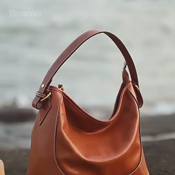 Veg Tan Leather Hobo Tote Dual Straps &amp; Metal Feet Work Commute Bag