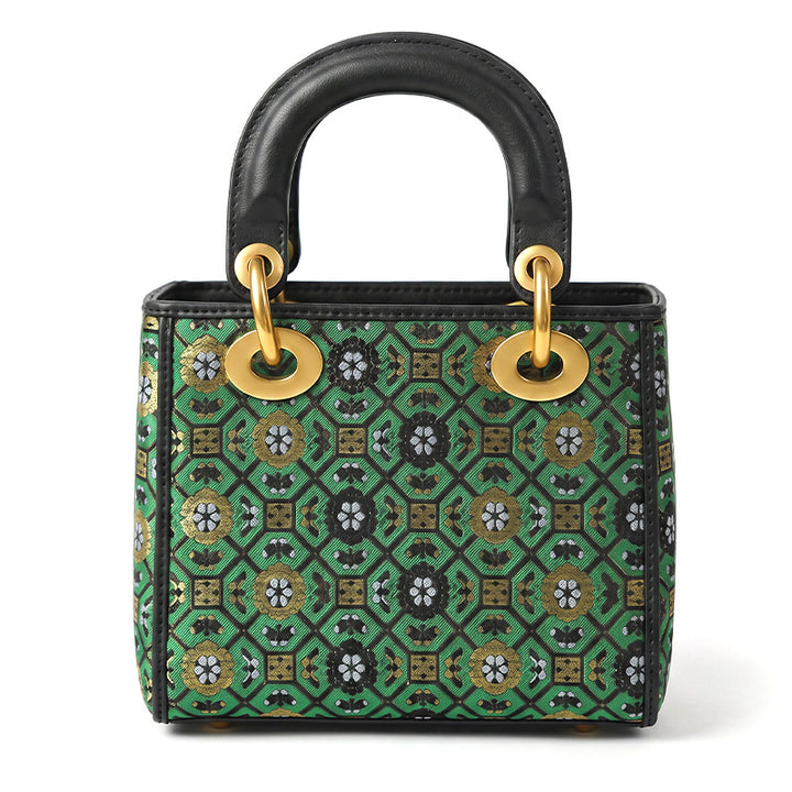 Green Mulberry Silk Song Brocade Handbag with Geometric Jacquard Pattern