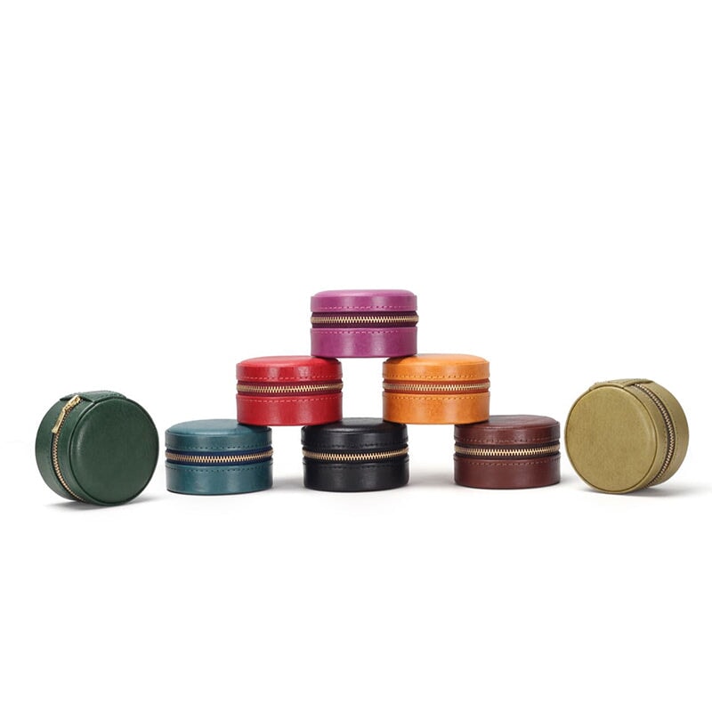 Small round leather jewelry box in 8 colors, travel-ready ring and earring organizer