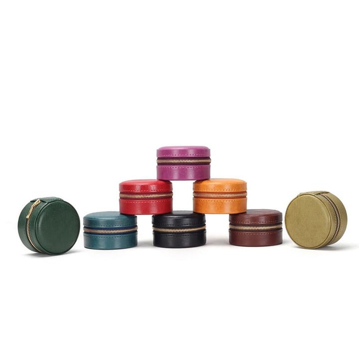 Small round leather jewelry box in 8 colors, travel-ready ring and earring organizer