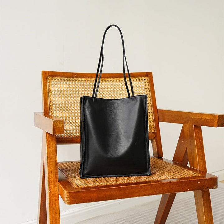 Soft sheepskin leather tote bag in black minimalist open-top shoulder bag for women
