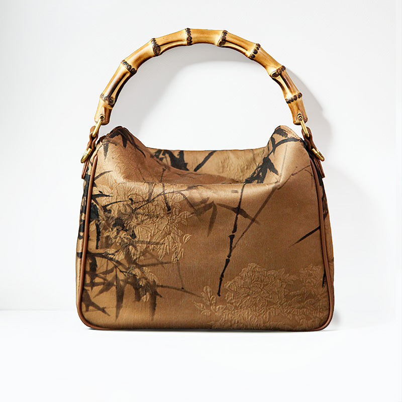Gold silk Song Brocade top handle bag with bamboo handle and bamboo leaf jacquard pattern