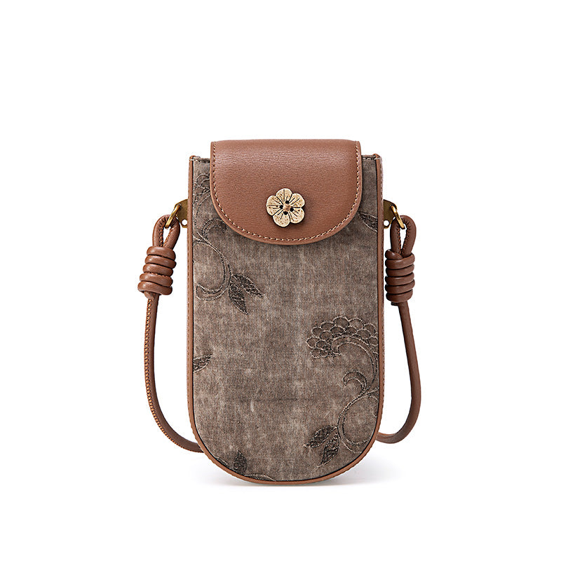 Coffee Mulberry Silk Crossbody Phone Bag with Floral Jacquard Pattern