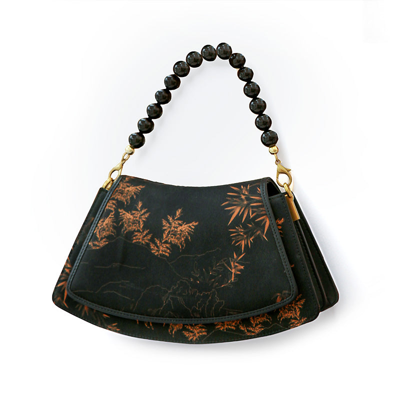 Black Mulberry Silk Handbag with Gold Chinese Bamboo Pattern and Beaded Handle