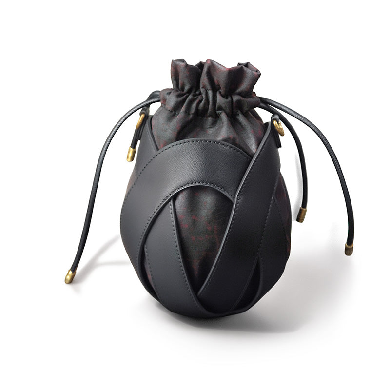 Black Mulberry Silk Bucket Bag with Cowhide Leather