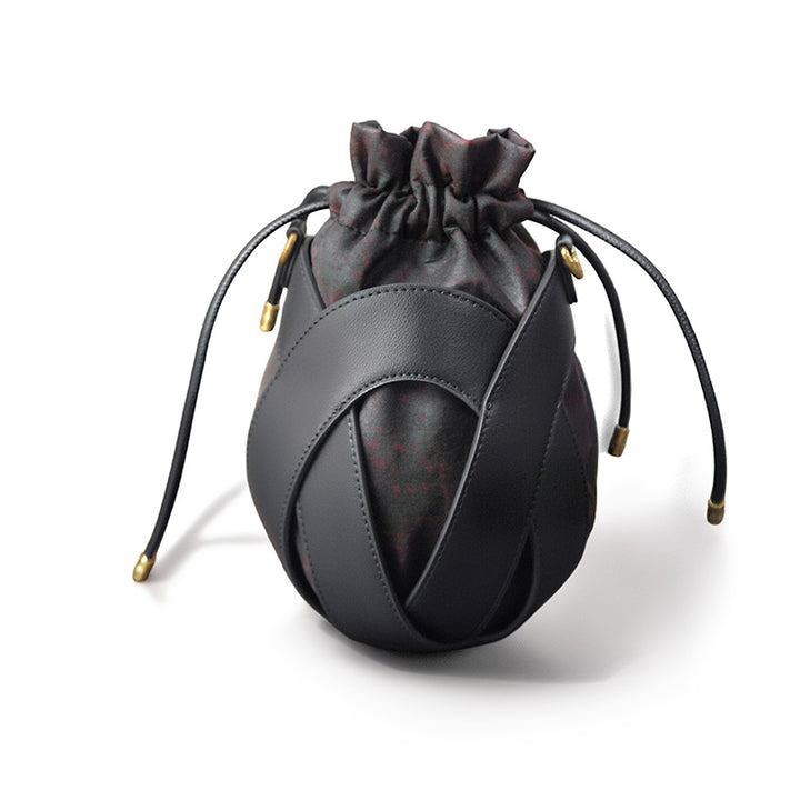 Black Mulberry Silk Bucket Bag with Cowhide Leather