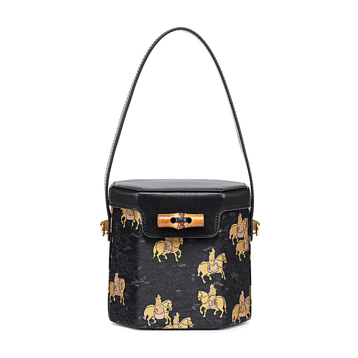 Small mulberry silk &amp; leather bucket bag, chinese pattern crossbody