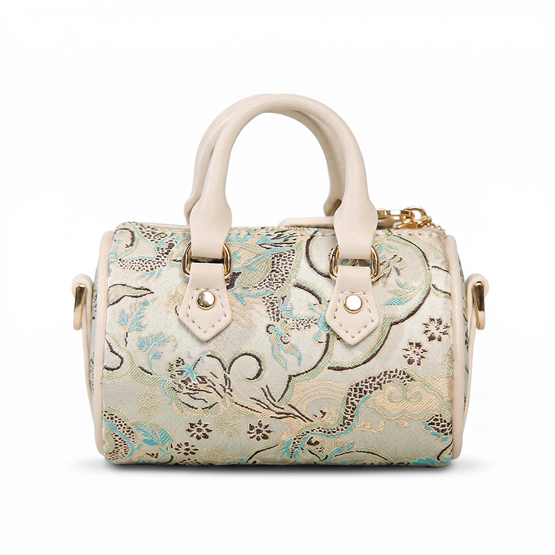 Beige Mulberry Silk Mini Barrel Bag with Song Brocade Pattern