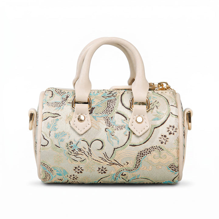 Beige Mulberry Silk Mini Barrel Bag with Song Brocade Pattern