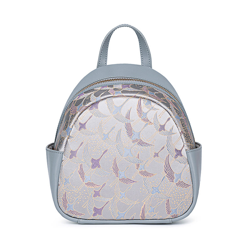 Silver Gray Song Brocade Silk Backpack with Artistic Jacquard Pattern