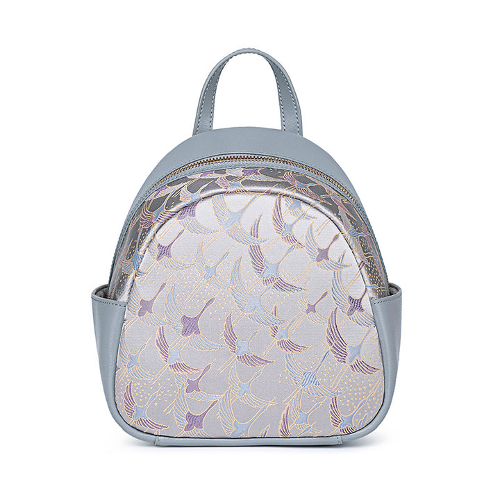 Silver Gray Song Brocade Silk Backpack with Artistic Jacquard Pattern