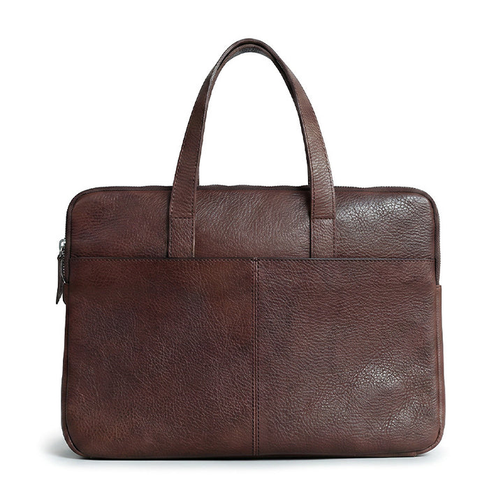 Slim vegetable tanned leather briefcase with top handle in coffee, minimalist laptop work bag