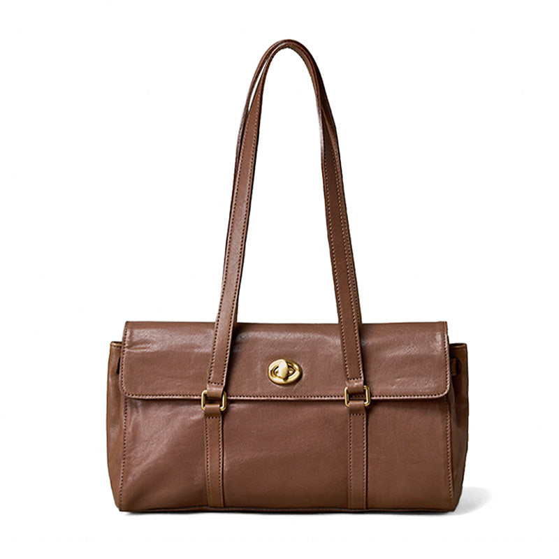 Vegetable tanned cowhide leather structured handbag in brown with gold turn-lock closure