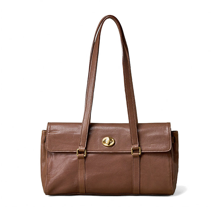 Vegetable tanned cowhide leather structured handbag in brown with gold turn-lock closure