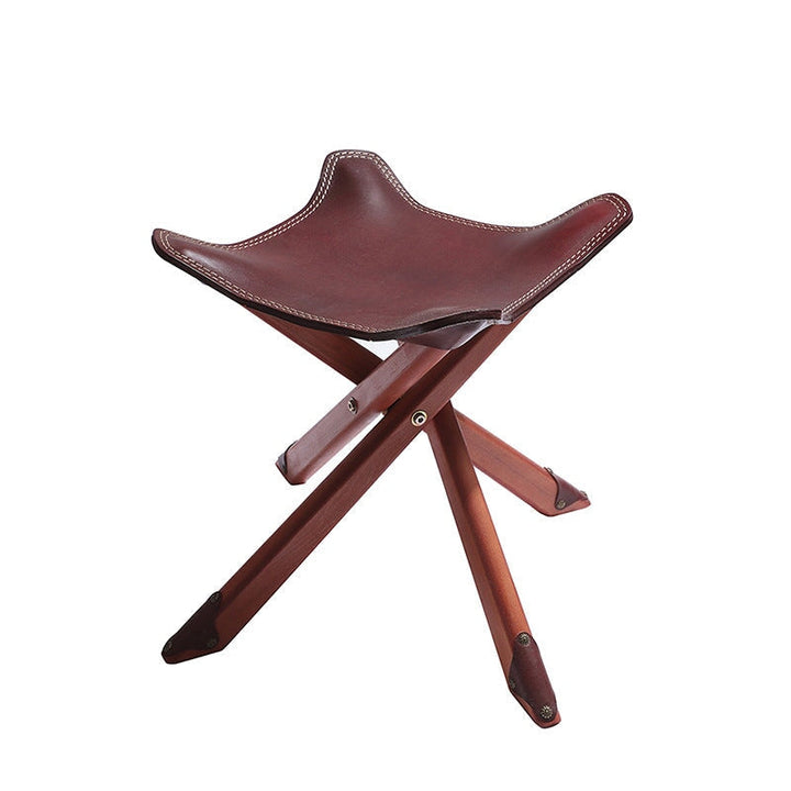 Top grain leather folding campstool with X-frame solid wood legs in brown