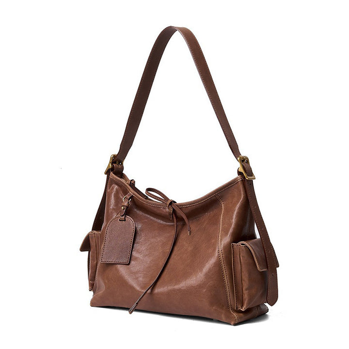 Top grain cowhide leather hobo tote bag in coffee with back zipper pocket and side pockets