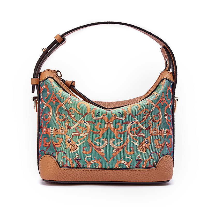 Cowhide leather and mulberry silk handbag with Chinese Shu Brocade dragon and phoenix pattern in brown