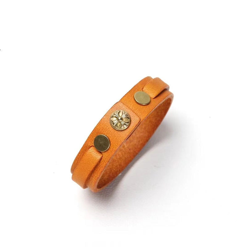 Yellow vegetable tanned leather cuff bracelet with antique brass rivet