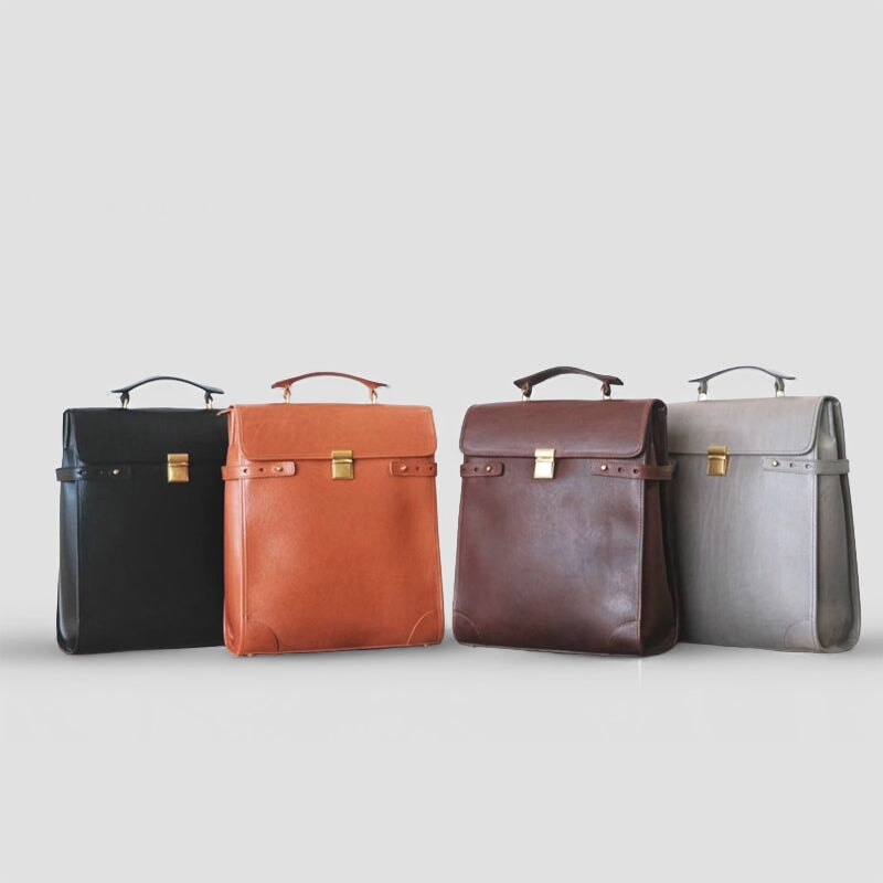 Vintage British-Style Vegetable-Tanned Cow Leather Backpack in Black/Coffee/Honey Brown/Morandi Grey Black