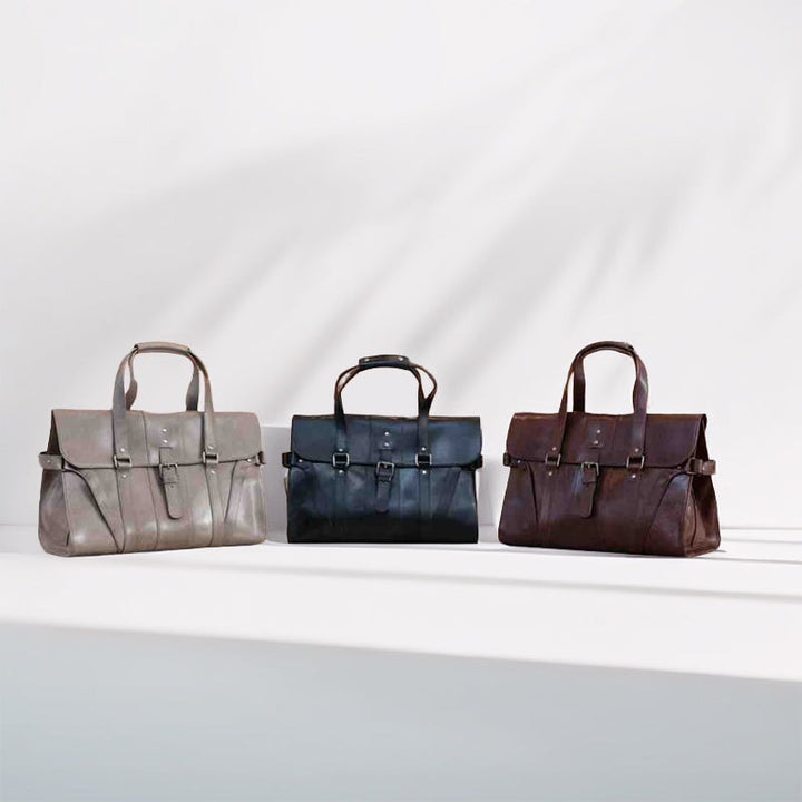 Handmade vegetable-tanned leather briefcase in black, coffee, and gray 
