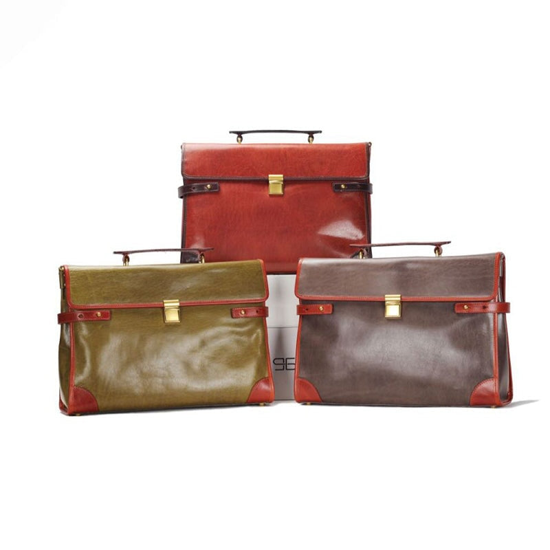 Handcrafted vegetable tanned leather briefcase with British two-tone design and detachable shoulder strap