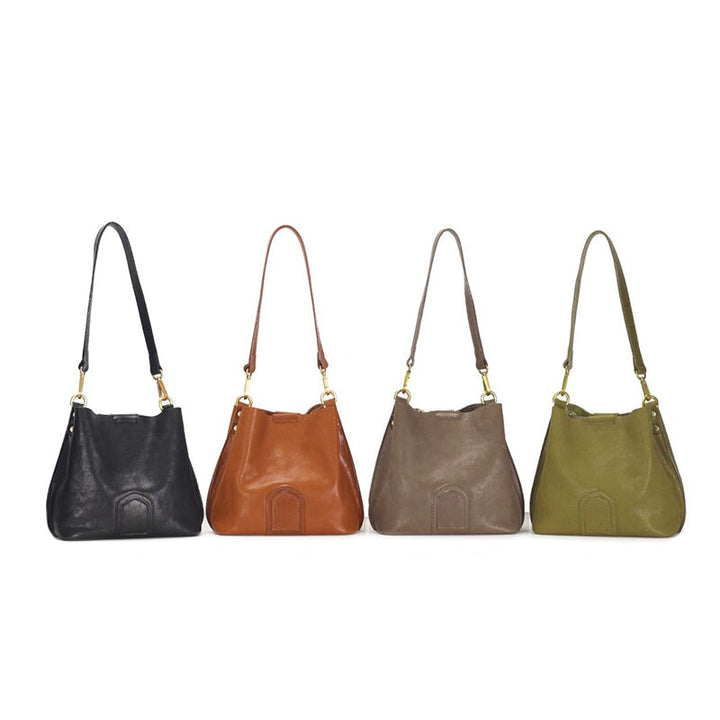 Vegetable tanned leather bucket bag in black, brown, gray and avocado — women&